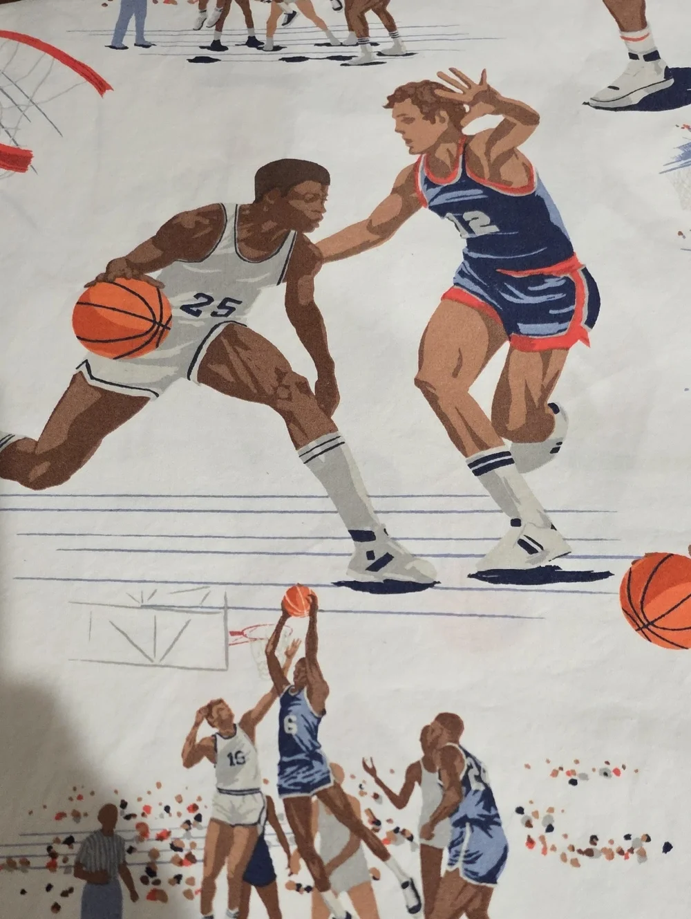 Pottery Barn Kids Basketball Players White, Navy, Orange, Brown Cotton Twin Flat